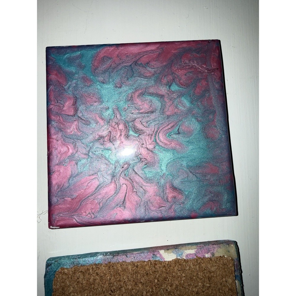 Acrylic Pour Painted With‎ Epoxy Resin 4 Coasters Cork Back Pink Teal Shimmer